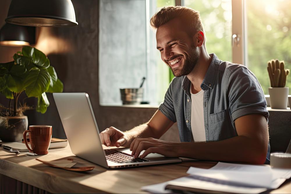 Mann sitzt lächelnd am Laptop, befreit durch Online-Mandatsannahme 