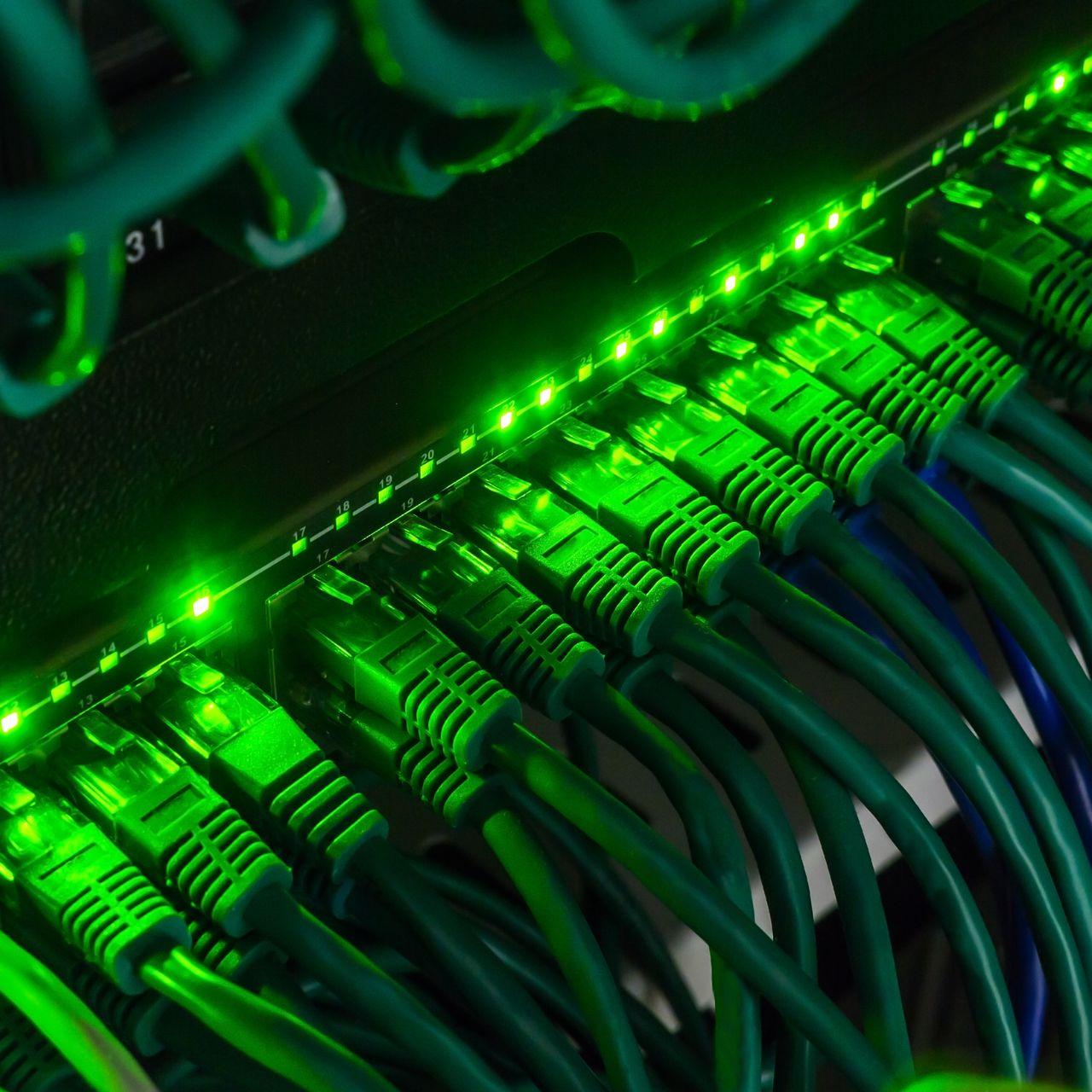 Lokale Lösungen, grün leuchtende Kabel in einem Server